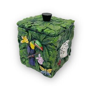 Picturesque 3D Jungle Theme Small Trinket Jewlery Box Flawed Tiger Tucan Leaves